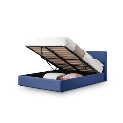 Rialto 135cm Double Dark Blue Linen Style Fabric Lift-up Ottoman Storage Bed