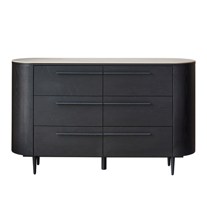 Manhattan White Ceramic Chest Of Drawers | Black Wood Base | 6 Drawers | Velvet-Lined Top Drawers | Rounded Pill Shaped Silhouette | Danetti