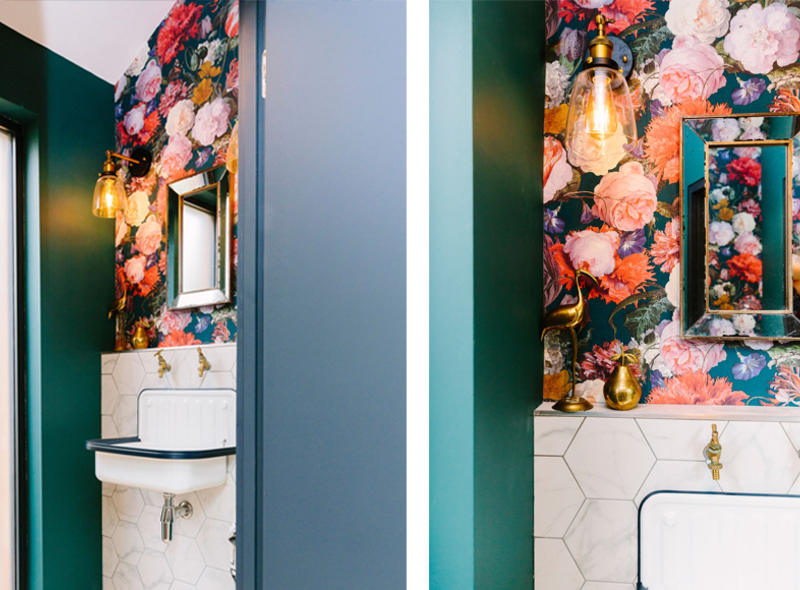 A small cloakroom that packs a punch with floral wallpaper and marble