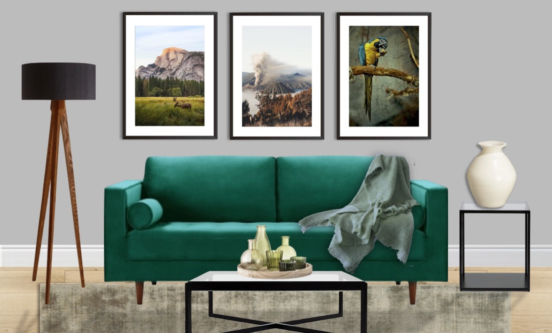 A bold and ontrend living & dining room with green & grey accents