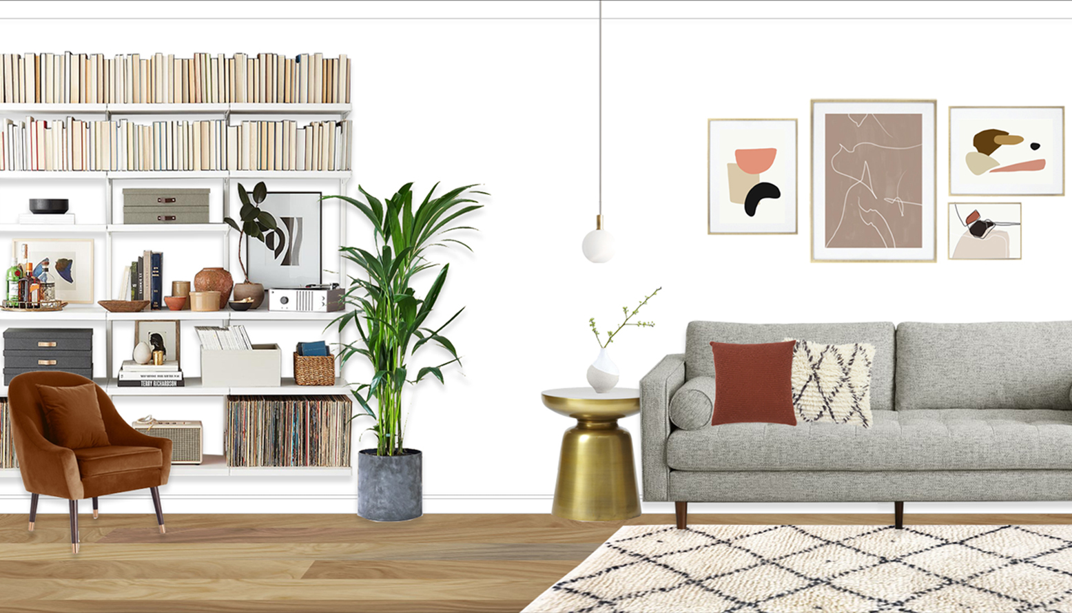 Neutral Mid Century Living Room With Brass Accents