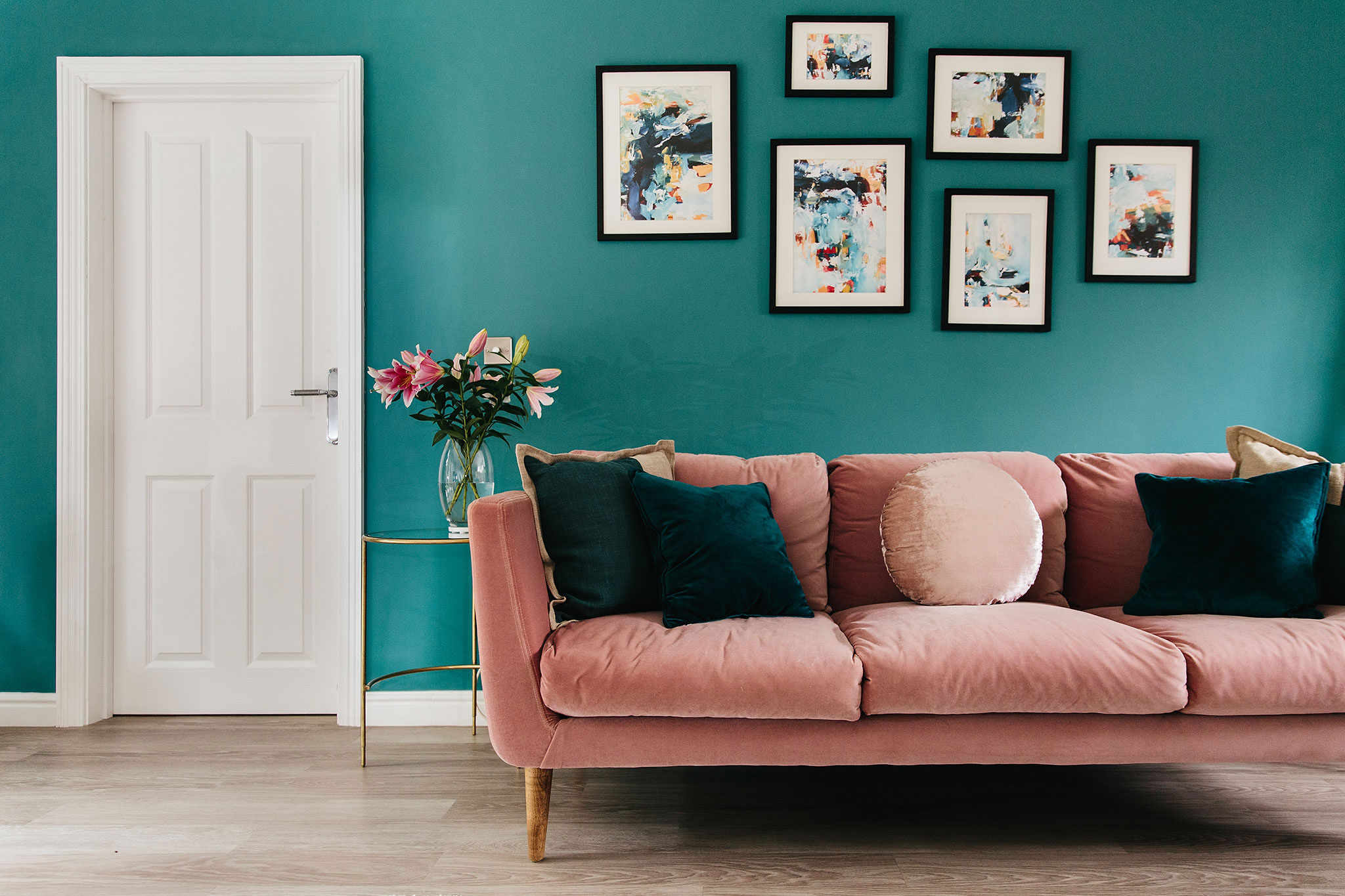 Teal and pink living room with gallery wall | My Bespoke Room