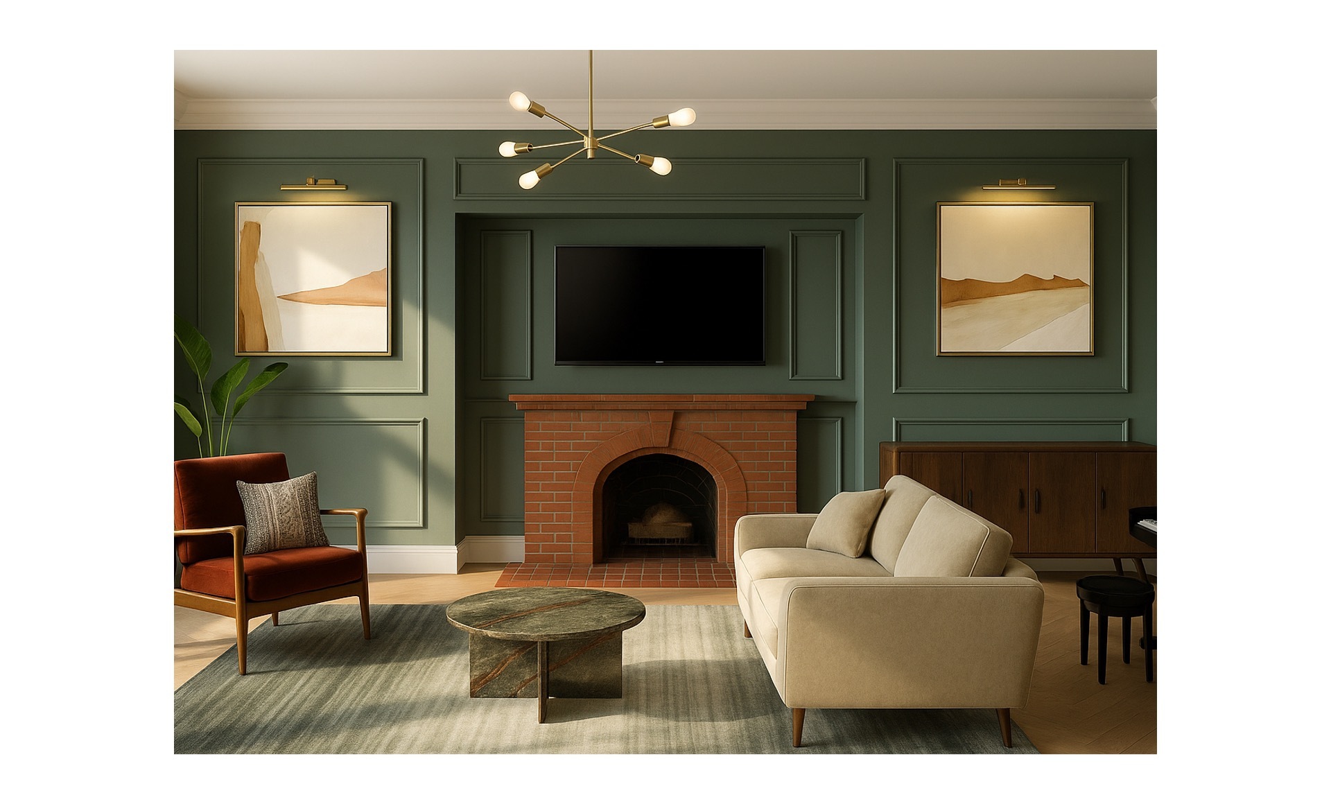 Elegant Living Room Design: A Warm Green & Terracotta Transformation — the finished room