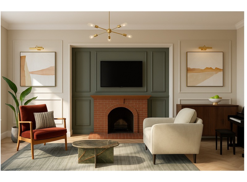 Elegant Living Room Design: A Warm Green & Terracotta Transformation — another view of the room
