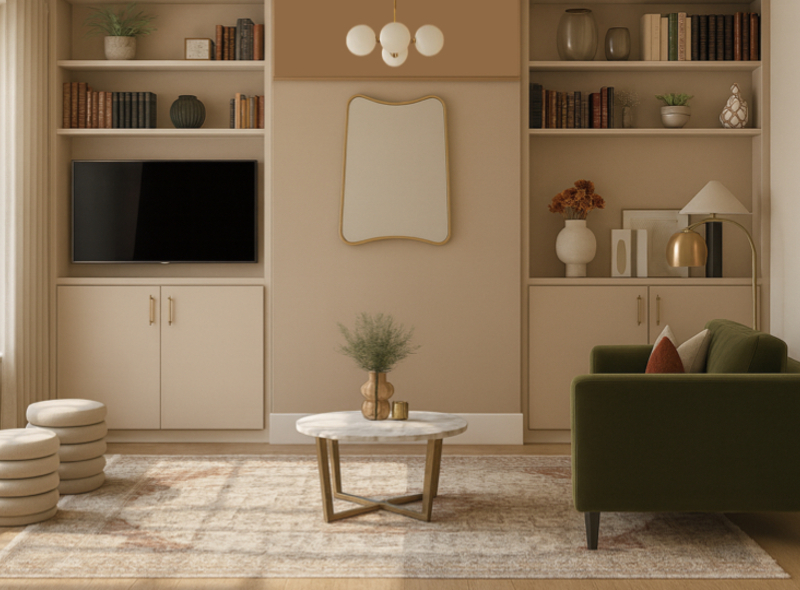 Wall paint, brass lighting and slatted wood detail from the living playroom design