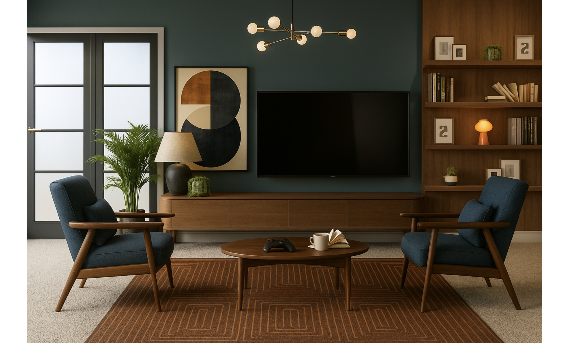 Contemporary Living Room Design: Peacock Green & Mid-Century Style — the finished room