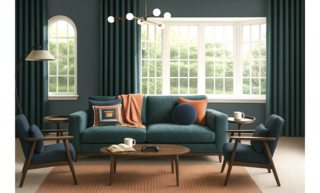 Contemporary Living Room Design: Peacock Green & Mid-Century Style — photo 2