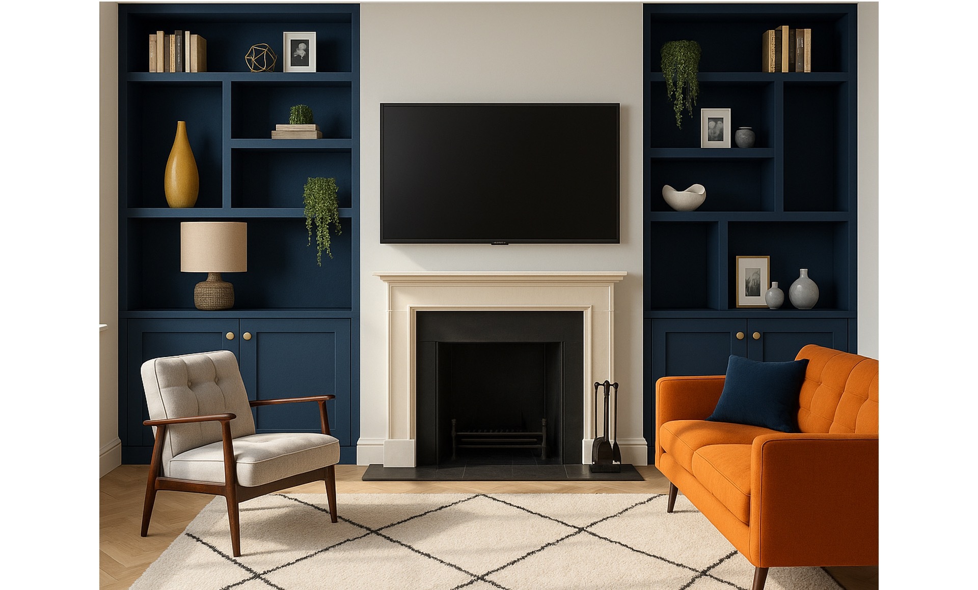 Family Snug Design: Navy, Burnt Orange & Mid-Century Style — the finished room