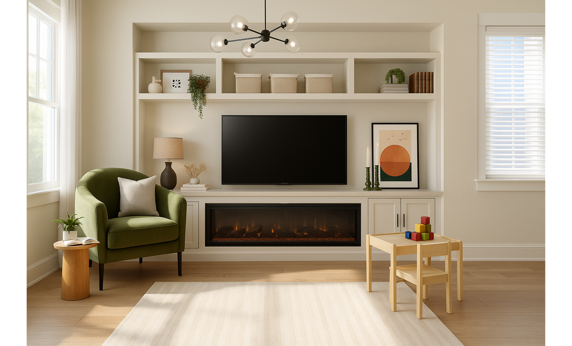 Contemporary Living Room Design: Warm Neutrals & Olive Green Accents — the finished room