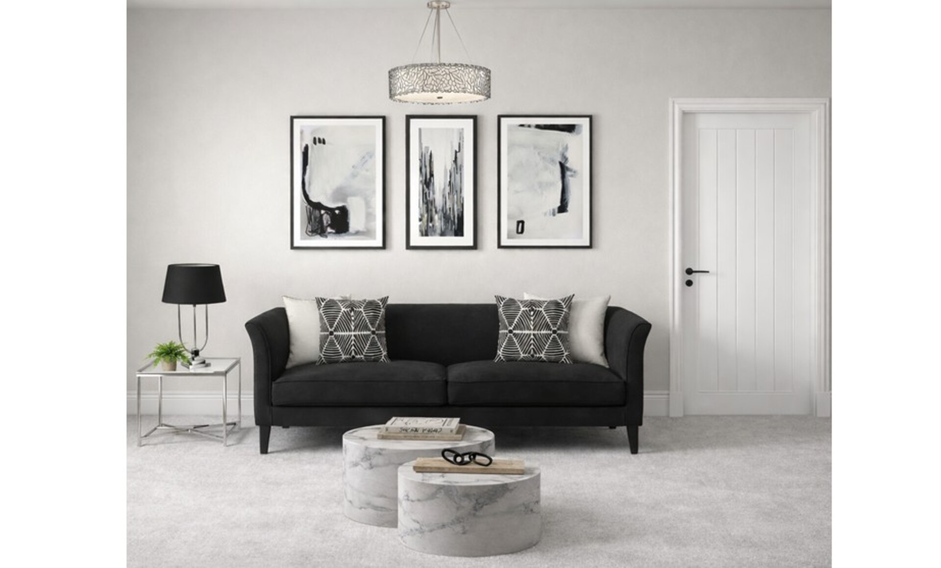 Contemporary Living Room Design: Dark Contrast & Show-Home Style — the finished room