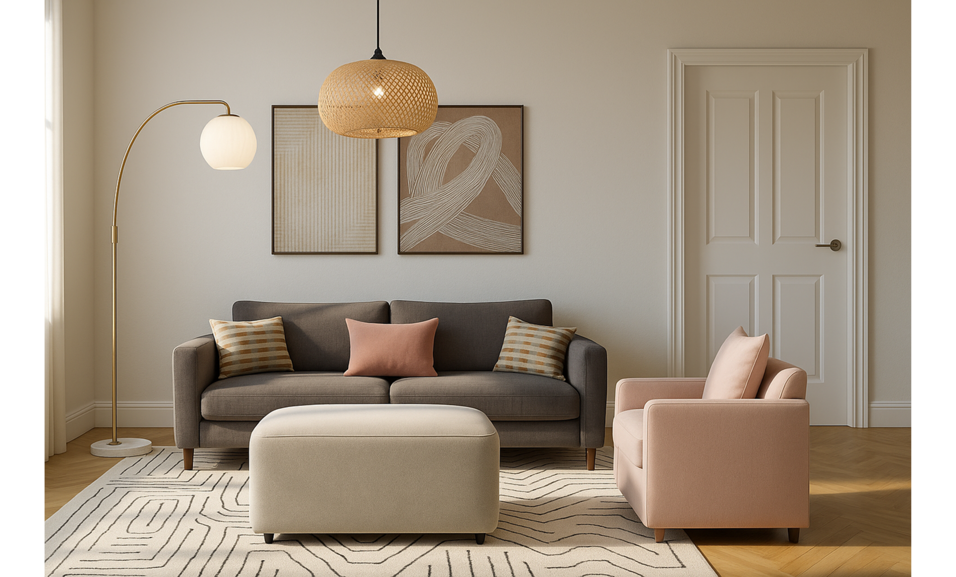 Contemporary Snug Room Design: Warm Grey, Blush & Deep Blue — the finished room
