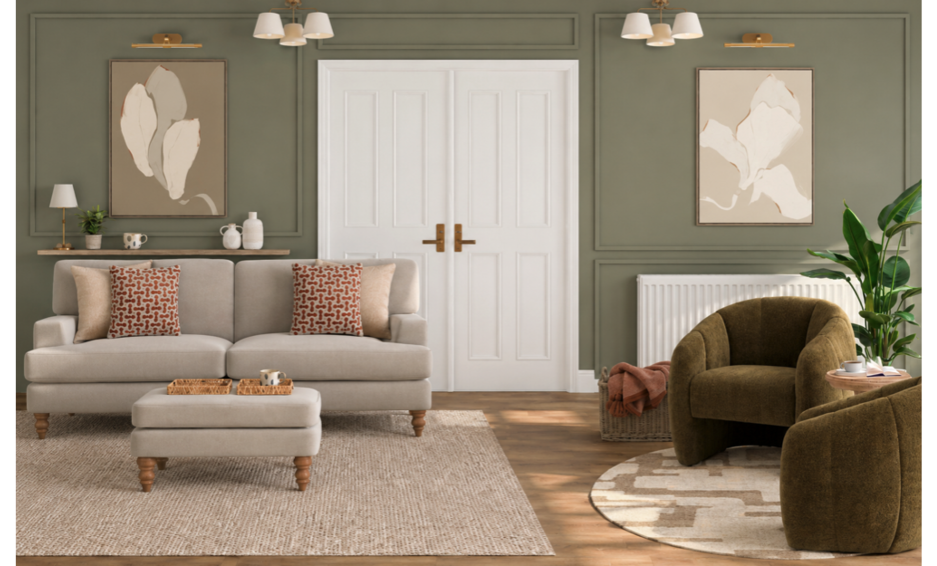 Contemporary Living Room Design: Warm Green Hues & Relaxed Style — the finished room