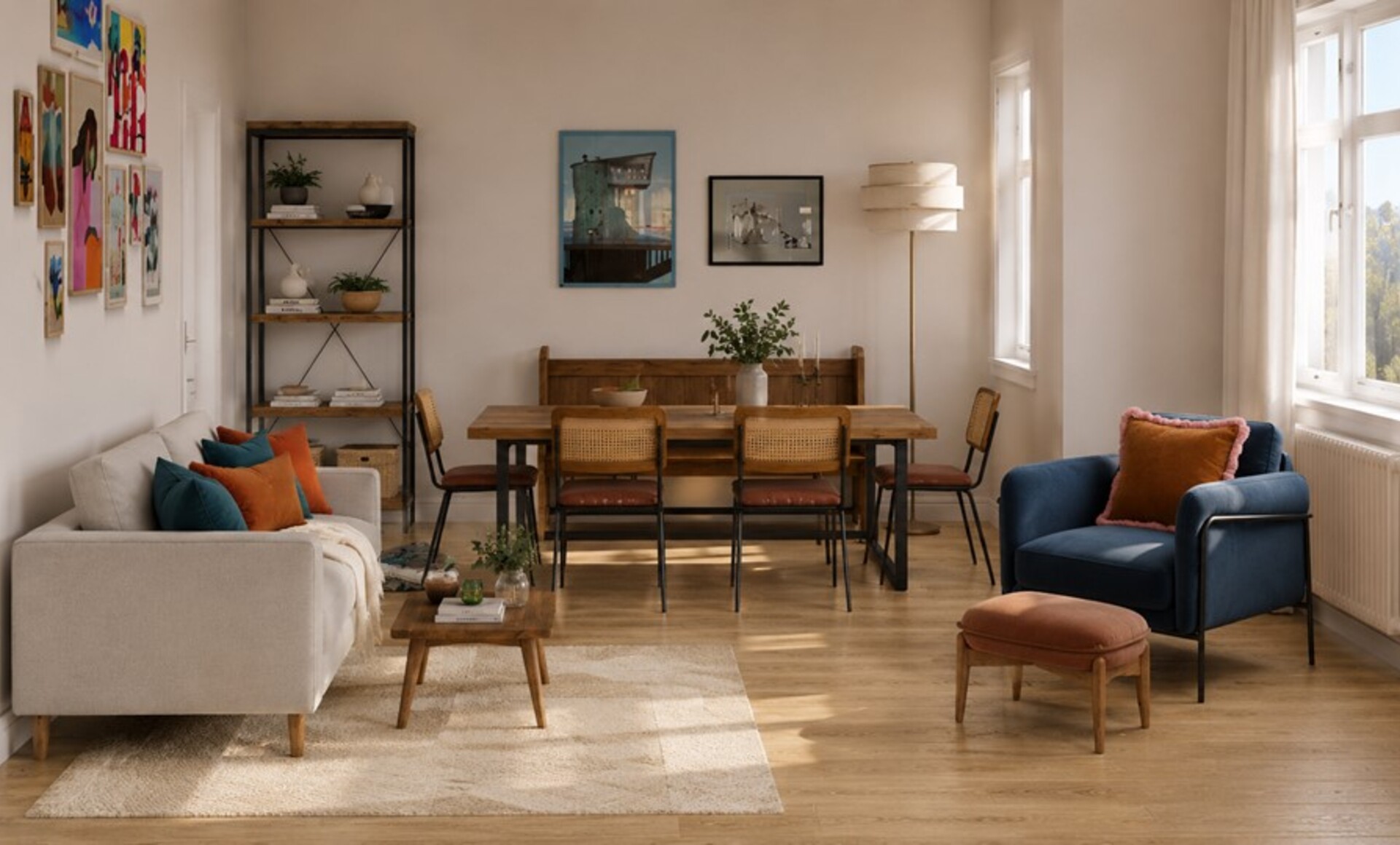 Contemporary Living & Dining Room Design: Teal, Warm & Characterful — the finished room