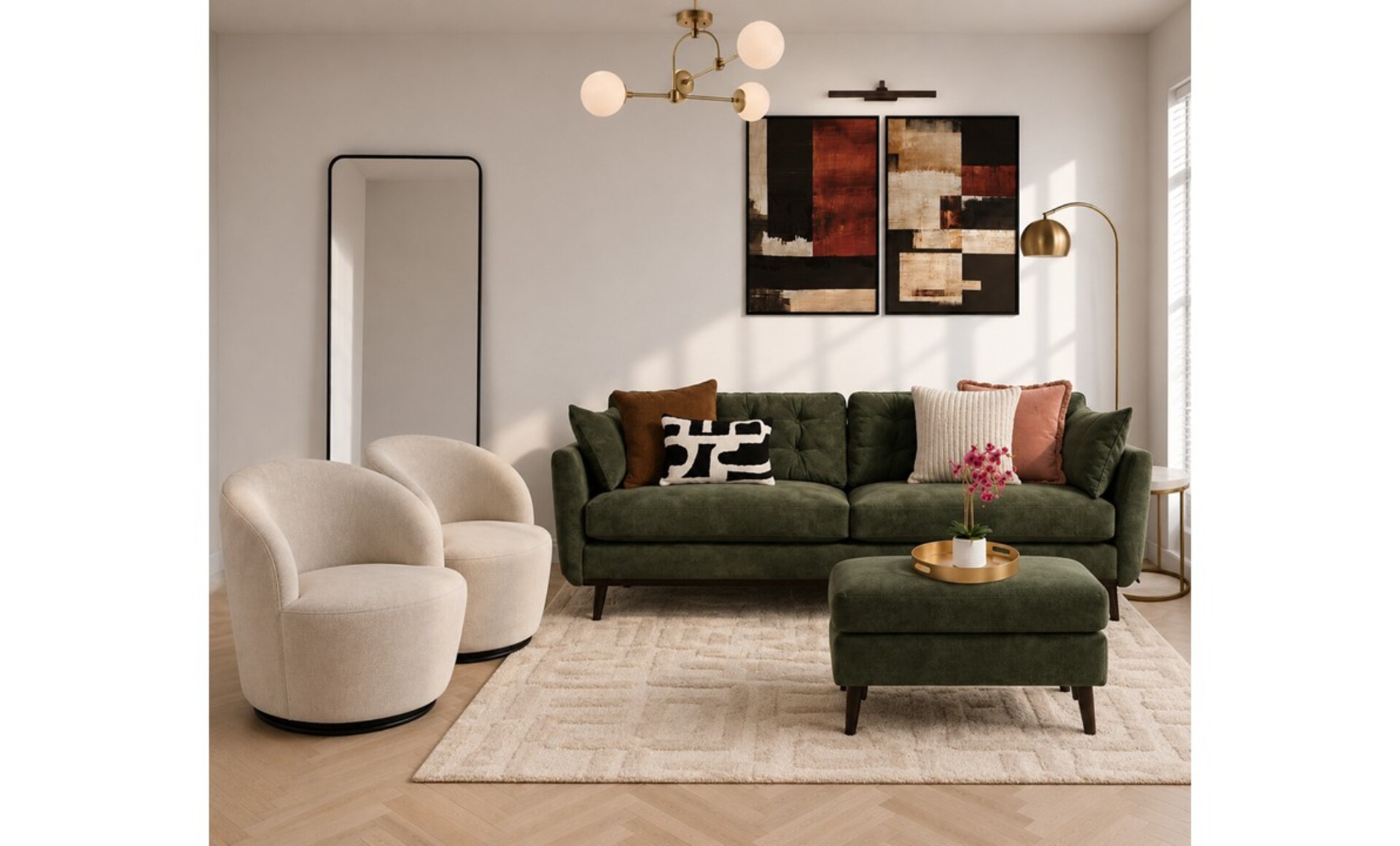 Contemporary Living Room Design: Deep Green Sofa & Elegant Accents — the finished room