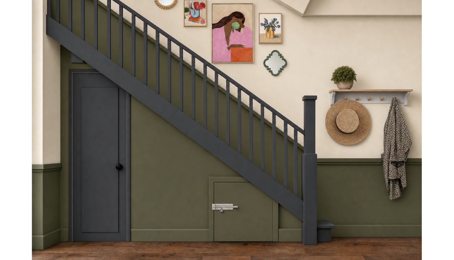 Gallery wall and Coat rack going up the stairs 