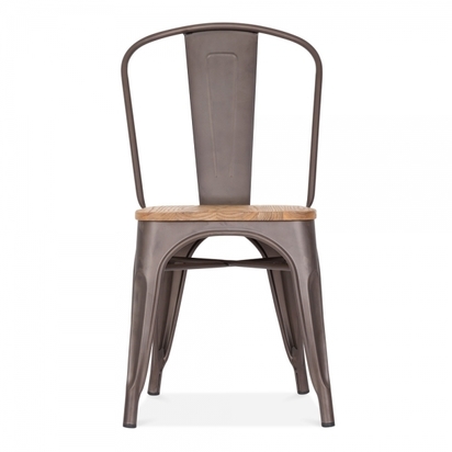 Xavier Pauchard Tolix Style Metal Side Chair, Solid Elm Wood, Rustic Natural Wood