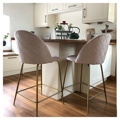 Cult Studio Heather Bar Stool with Backrest, Velvet Upholstered, Pale Pink 65cm Colour: Brass