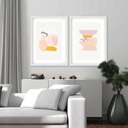 Abstract Peach Shapes - Print Set Of 2 - (A2) 42x59 cm - 16x23" / Oak Frame With Mount