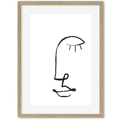 Face Line Drawing Art Print - (A3) 30x42 cm - 12x16" / Oak Frame With Mount