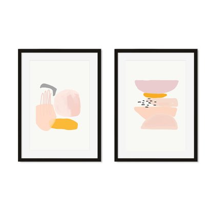 Abstract Peach Shapes - Print Set Of 2 - (A2) 42x59 cm - 16x23" / Oak Frame With Mount