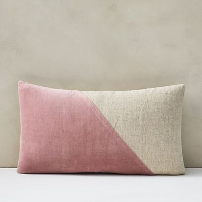 Cotton Linen + Velvet Lumbar Cushion Cover, 30 cm x 53 cm, Pink Stone