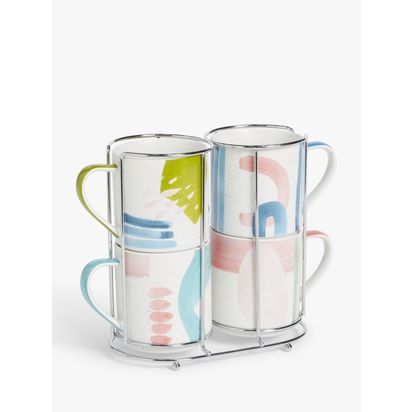John Lewis & Partners Geometric Stackable Mugs & Stand, Set of 4, 300ml, Multi