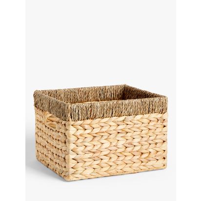 John Lewis Water Hyacinth Storage Basket with Contrast Trim Natural | L30 x W26 x H20cm