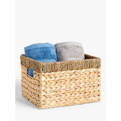 John Lewis Water Hyacinth Storage Basket with Contrast Trim Natural | L30 x W26 x H20cm