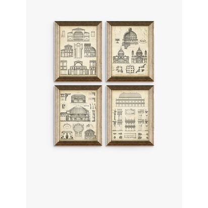 Vintage Architecture Framed Prints, Set of 4, 47 x 37cm, Black/White Black/White | H47 x W37 x D2cm