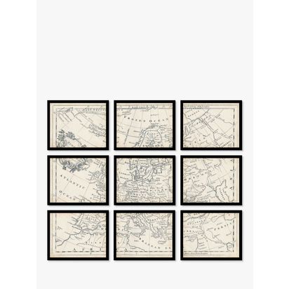 Map of Europe Vintage Framed Prints Set, 9 Piece, Brown/Multi Brown/Multi