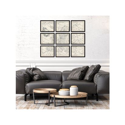 Map of Europe Vintage Framed Prints Set, 9 Piece, Brown/Multi Brown/Multi