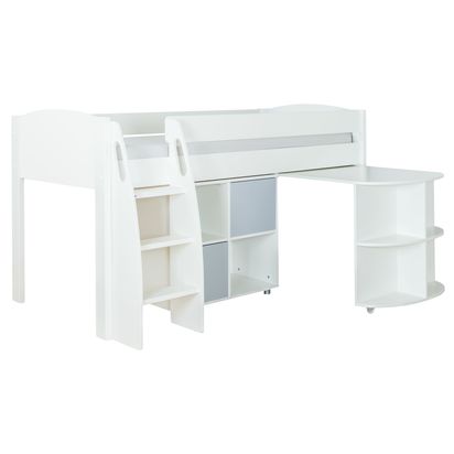 Stompa Uno S Plus Mid-Sleeper with White Headboard, Pull-Out Desk and 2 Door Cube Unit White/Grey | H112.9 x W125.5 x L208.3cm
