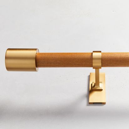 Mid-Century Rod + 3 Brackets, 112-274 cm, Wood/Brass