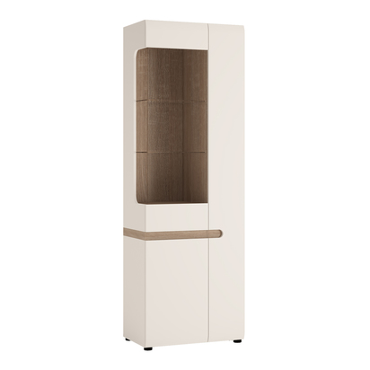 Kingston Living Tall Glazed Narrow Display Unit (RHD) in White with a Truffle Oak Trim