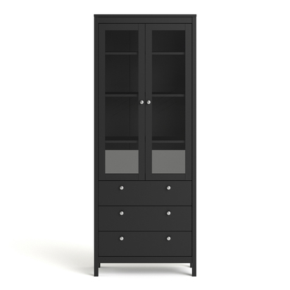 Huxham China Cabinet 2 Glass Doors with 3 Drawers in Matt Black