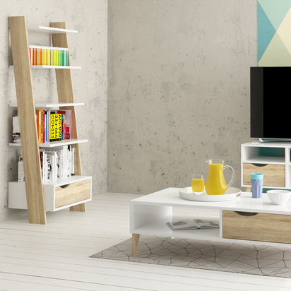 Arden 3 Leaning Bookcase 1 Drawer in White and Oak