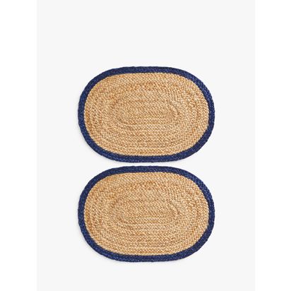 John Lewis Jute Oval Border Table Centrepiece Placemats, Set of 2, Natural/Navy Natural / Navy