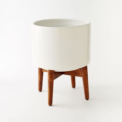 Mid-Century Modern Turned Wood Leg Planter, Wide, White