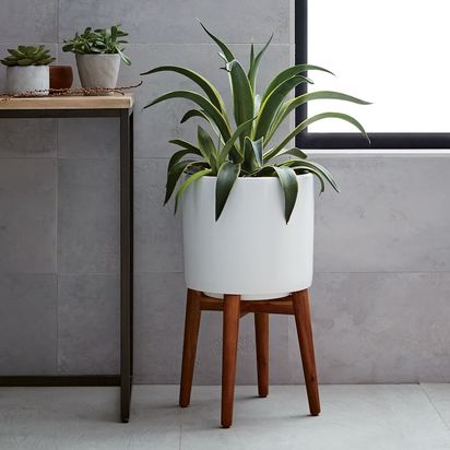 Mid-Century Modern Turned Wood Leg Planter, Wide, White