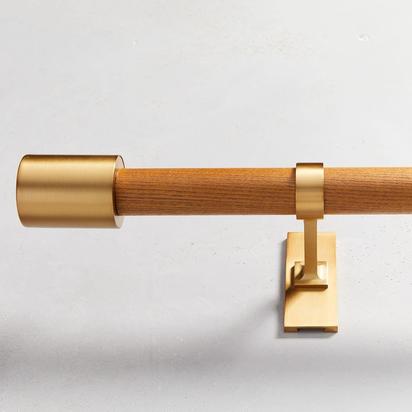 Mid-Century Rod + 3 Brackets, 112-274 cm, Wood/Brass
