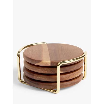 John Lewis Acacia Wood Round Coasters & Metal Stand, Set of 4, Natural Natural | H5.4 x W8 x D11.4cm
