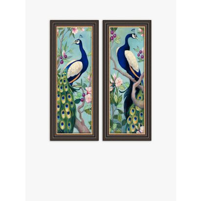 John Lewis Julia Purinton Peacocks Framed Prints, Set of 2, 67 x 27cm, Blue/Multi Blue/Multi | H67 x W27 x D2.5cm