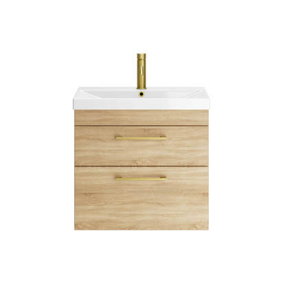 Emily 600mm Natural Oak Wall Mounted 2 Drawer Vanity Unit, Thin Edged Basin, Brushed Brass Handles & Overflow