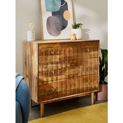 John Lewis Groove Mango Wood 3 Drawer Chest, Natural Natural | H89.5 x W92 x D43.5cm
