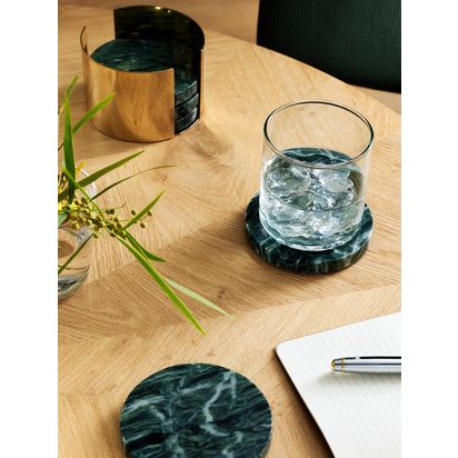 John Lewis Round Marble Coasters & Gold Holder, Set of 5, Green Green | H7.3 x Dia.10.4cm, Coaster: H1.5 x Dia.10.5cm
