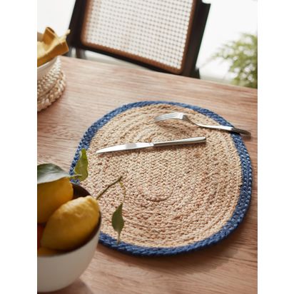 John Lewis Jute Oval Border Table Centrepiece Placemats, Set of 2, Natural/Navy Natural / Navy