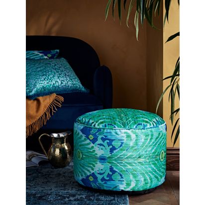 John Lewis + Matthew Williamson Ikat Pouffe Teal | H38 x Dia.55cm