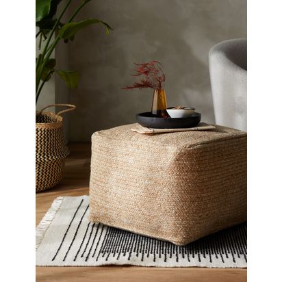 John Lewis Square Faux Jute Outdoor Pouffe, Natural Natural | H35 x W50 x D50cm