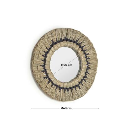 Akila round mirror made from green natural fibres and black cotton cord, 40 cm