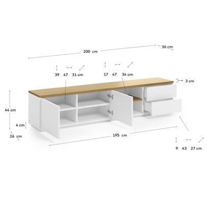 Abilen oak wood veneer TV stand with 2 doora and 2 drawers in white lacquer, 200 x 44 cm F